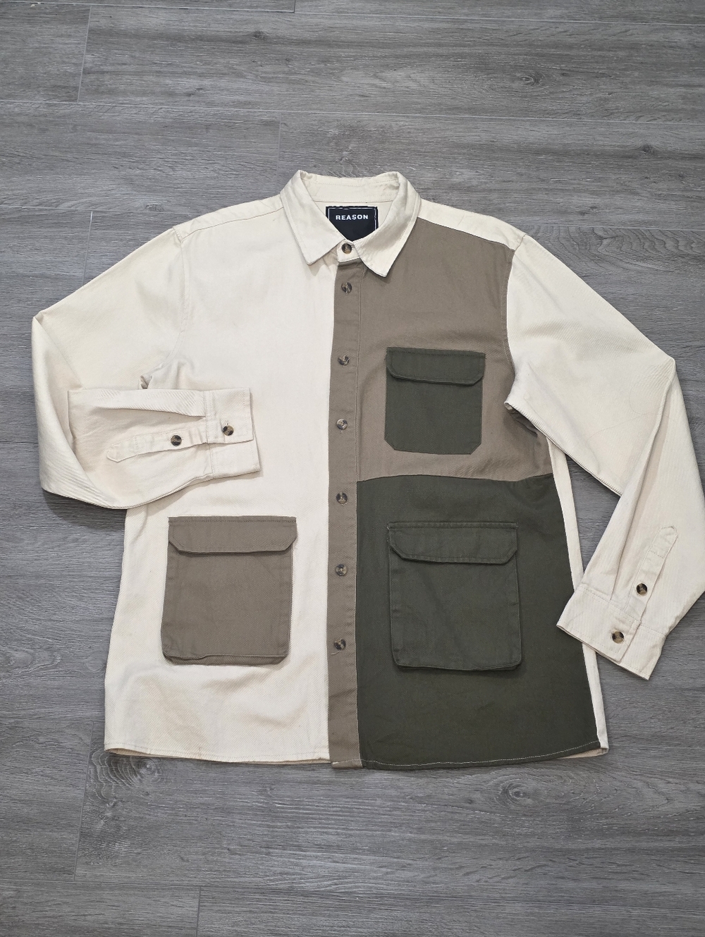 New Reason Button Up Shirt Mens XL Colorblock Square Bottom Utility Pockets